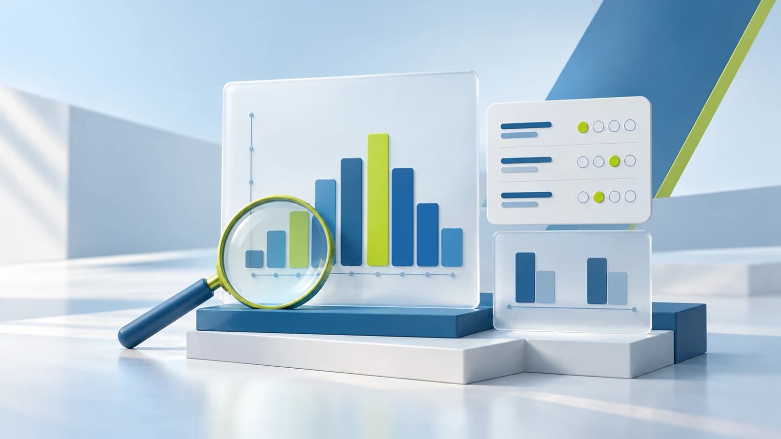 Illustration of a score-distribution report and answer analysis with a magnifying glass in TrueTest colors